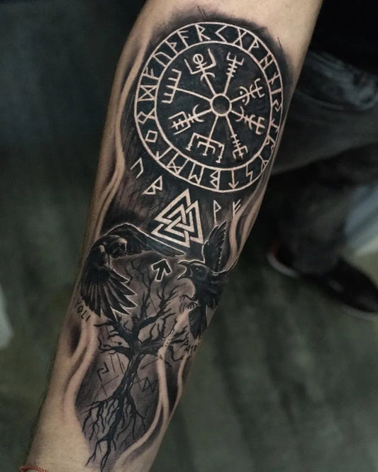 Big Viking Vegvisir runes raven on Men Arm Tattoo by @dani_elvala