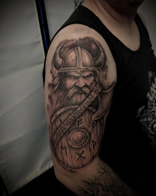 Big Viking Viking Warrior with Axe and Shield on Men Arm Tattoo by @punk.n.roll.tattoo