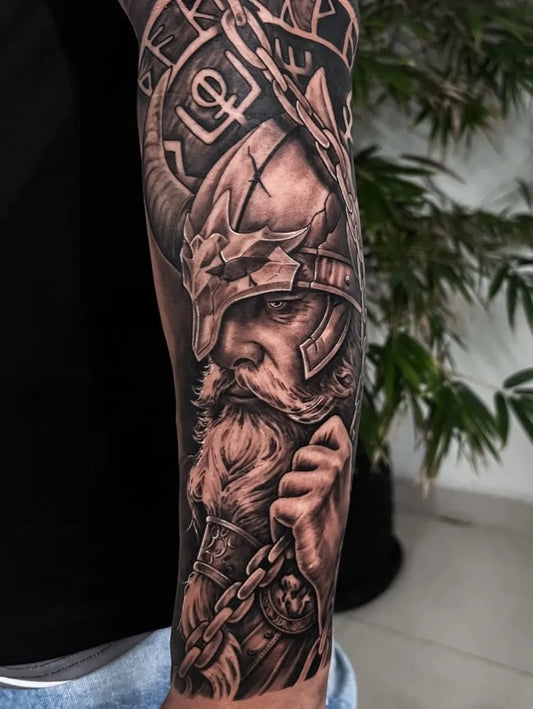 Big Viking Viking Warrior with Horned Helmet and Chains on Men Arm Tattoo by @felipealvestattoo
