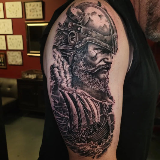Big Viking Viking Warrior with Longship on Men Arm Tattoo by @djwtattoos