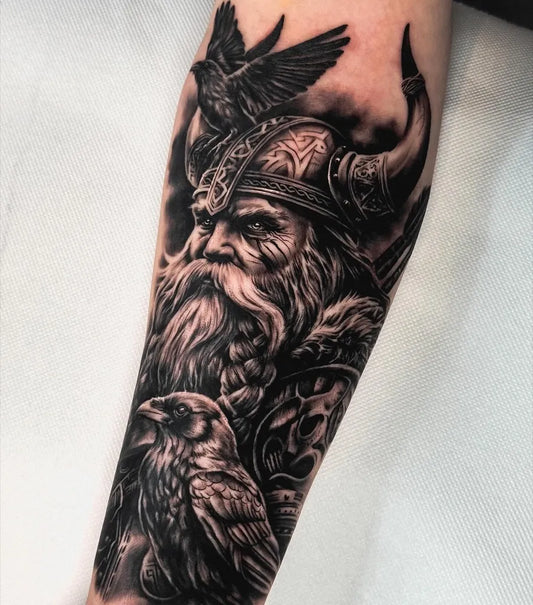 Big Viking Viking Warrior with Ravens on Men Arm Tattoo by @invictaink