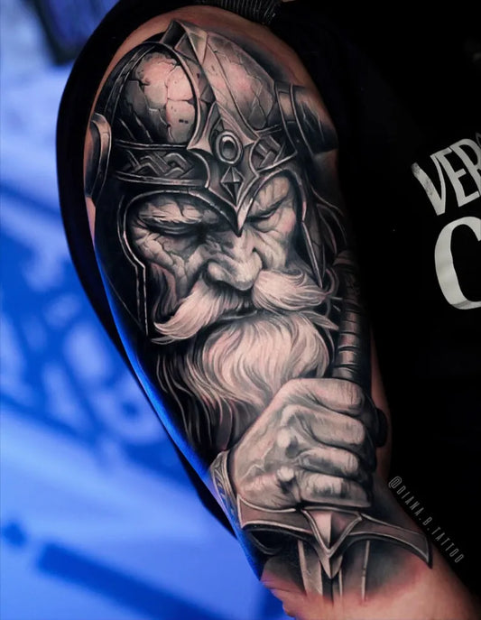 Big Viking Viking Warrior with Sword on Men Arm Tattoo by @diana.b.tattoo