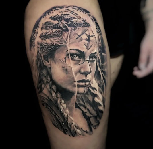 Big Viking Wildling Woman Portrait on Women Thigh Tattoo by @badlucktattooco