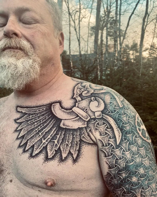 Big Viking Winged Helm and Geometric Patterns on Men Shoulder Tattoo by @uffe.berenth