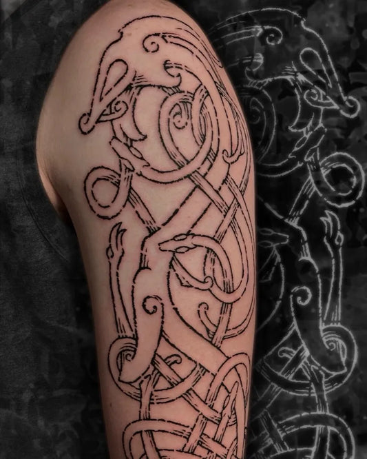 Big Viking Wolf and Serpents on Men Arm Tattoo by @_scrawler