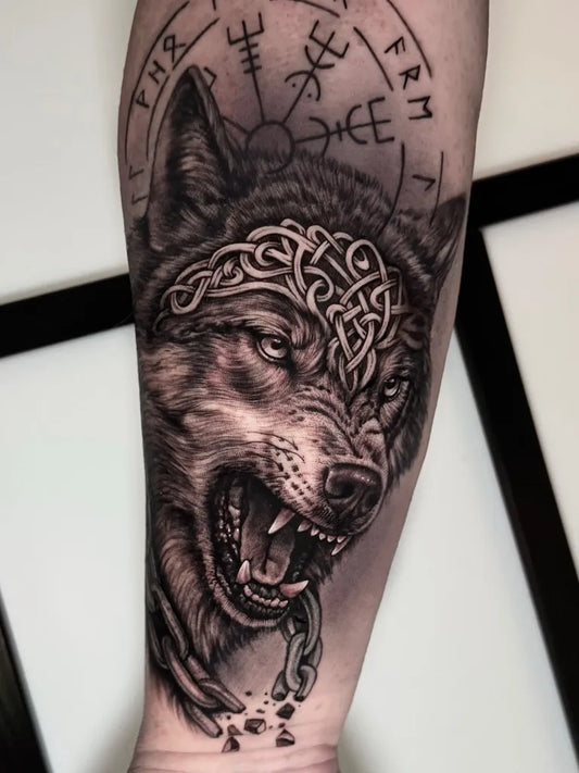 Big Viking Wolf with Runes on Men Arm Tattoo by @cormosc