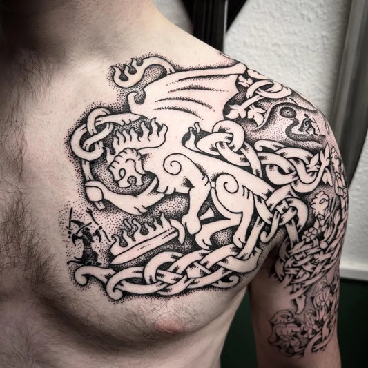 Big Viking Wyvern Dragon and Knight on Men Shoulder Tattoo by @badgerkingtattoo
