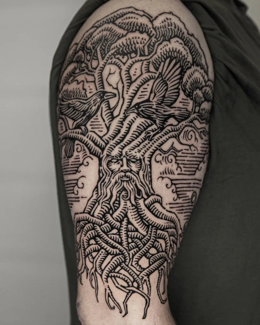 Big Viking Yggdrasil Tree with Ravens and Roots on Men Arm Tattoo by @snail_trail__