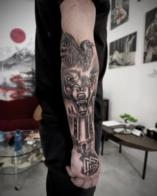 Big VikingWolf Eagle Valknut on Men Arm Tattoo by @madmike_art