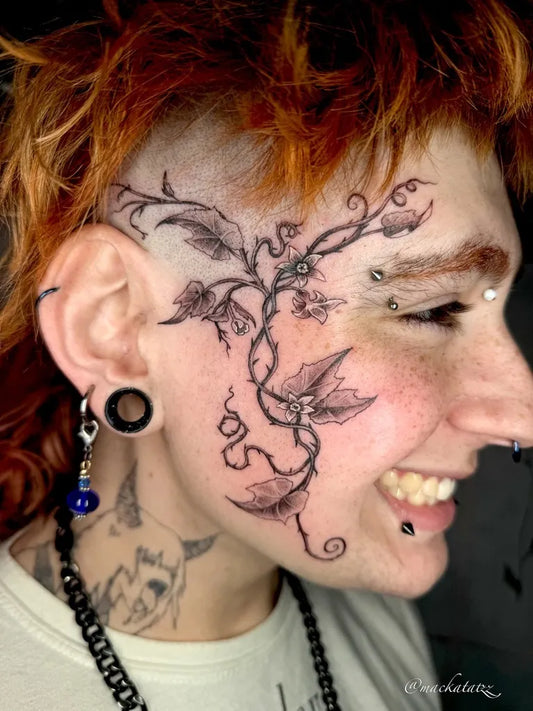 Big Vine and Flower on Women Face Tattoo by @mackatatzz