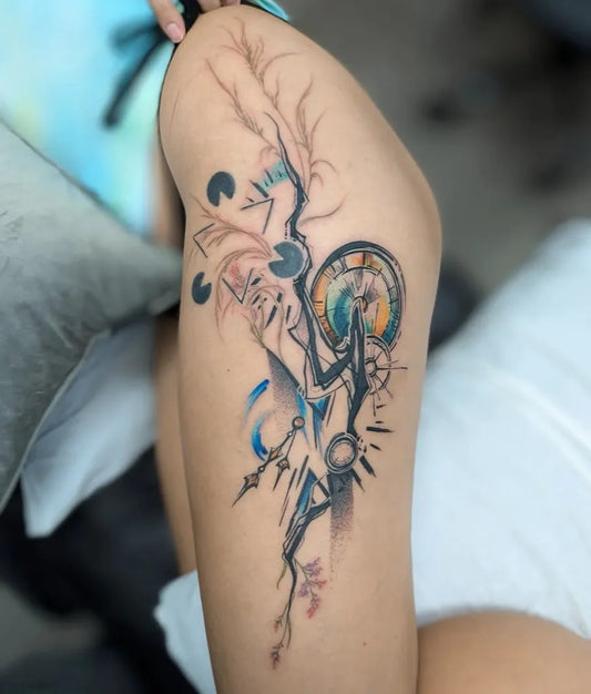 Big Watercolor Abstract Branches Clock on Women Thigh Tattoo by @kelseyknown