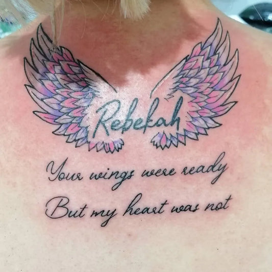 Big Watercolor Angel Wings and Script Women Neck Tattoo on by @sable.art