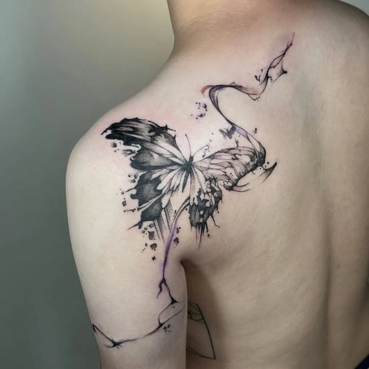 Watercolor Butterfly on Women Shoulder Tattoo by @111tattoo.house