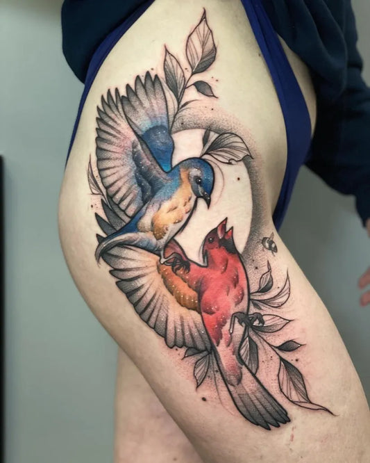 Big Watercolor Cardinal Bluebird and Leaves Tattoo on Women Thigh by @jessreeftattoos