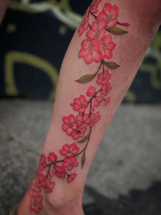 Big Watercolor Cherry Blossom Branches on Women Leg Tattoo by @eros_tatu