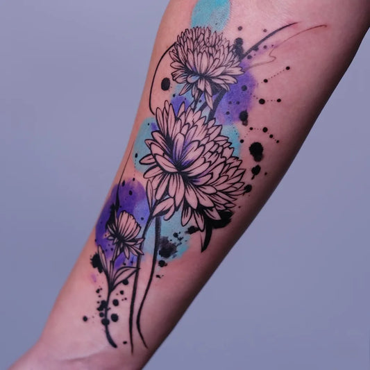 Big Watercolor Chrysanthemum Flowers on Women Arm Flower Tattoo by @nakama.inked
