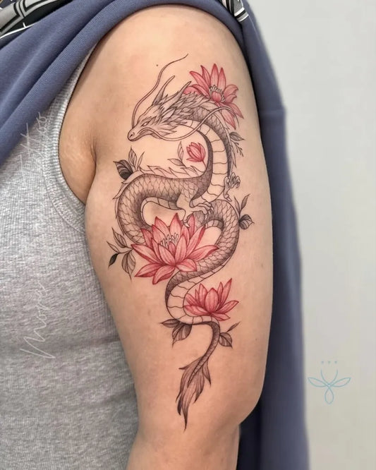 Big Watercolor Dragon Lotus on Women Arm Tattoo by @morethantattoomelbourne