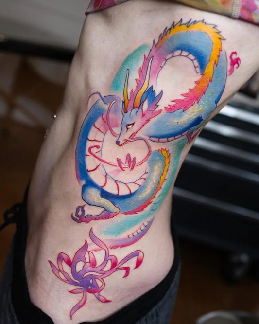 Big Watercolor Dragon Lotus on Women Side Tattoo by @sheridantattoo