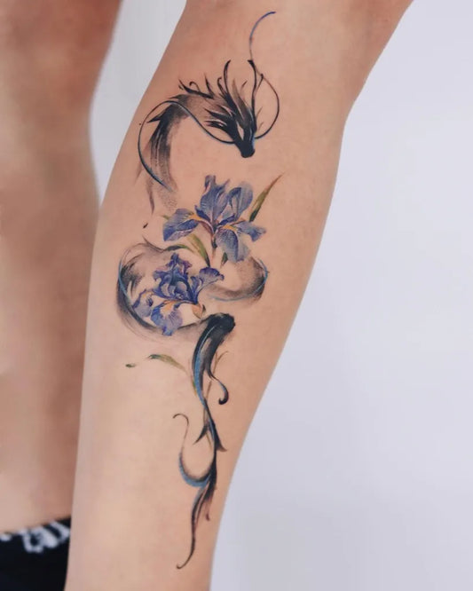 Big Watercolor Dragon and Iris Flowers on Women Leg Tattoo by @lilyl_blankleaving