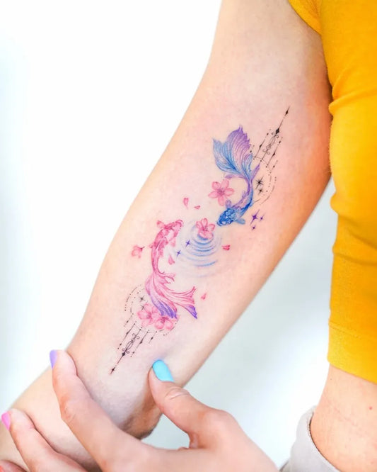 Big Watercolor Dual Koi Fish and Cherry Blossoms on Women Arm Tattoo by @peria_tattoo