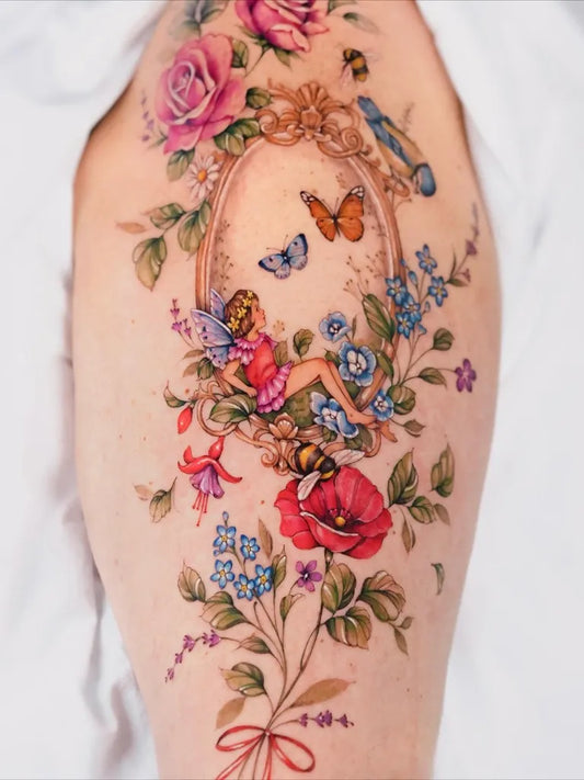 Big Watercolor Fairy Rose Butterfly Frame on Women Thigh Flower Tattoo by @marytattooer
