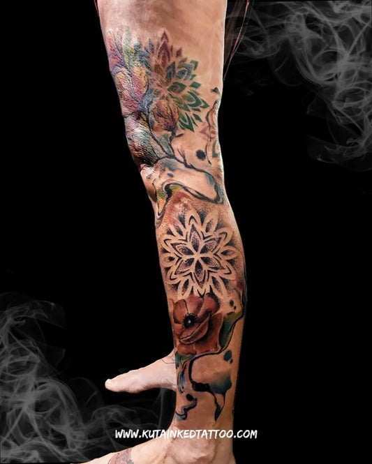 Big Watercolor Flower Mandala Bird on Men Leg Tattoo by @kutainkedtattoo