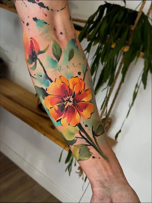 Big Watercolor Flower and Leaves on Men Arm Tattoo by @pablo_ortiz_tattoo