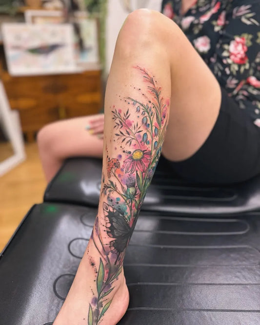 Big Watercolor Flowers Butterfly on Women Leg Tattoo by @zdvyhl