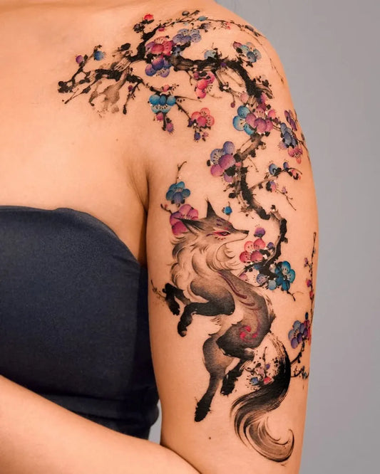 Big Watercolor Fox Cherry Blossom Branches on Women Shoulder Tattoo by @tattooassist