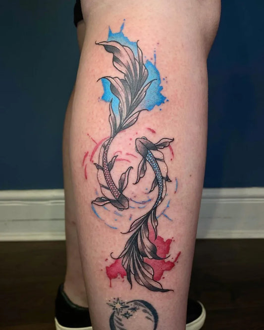 Big Watercolor Illustrative Koi and Pisces Tattoo on Women Thigh by @tattoosbyrachelgrace