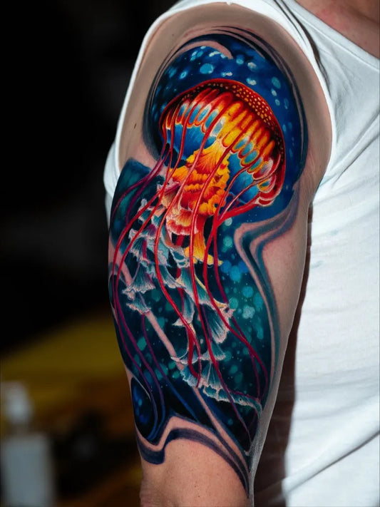 Big Watercolor Jellyfish Tattoo on Men Shoulder by @tattoosbycata
