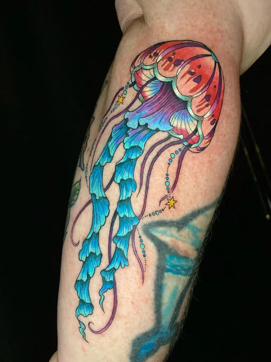 Big Watercolor Jellyfish Tattoo on Women Arm by @whateveryousay1687