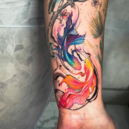 Big Watercolor Koi Fish Tattoo on Women Arm by @madtatt