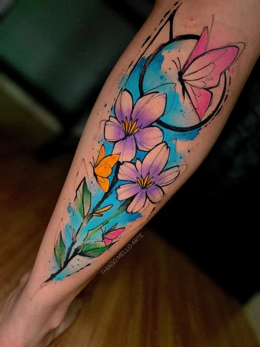 Big Watercolor Libra Butterfly Flowers on Women Leg Tattoo by @thiagomelloarte