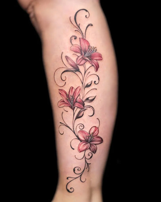 Big Watercolor Lily Flowers and Vines on Women Leg Tattoo by @alldaytattoobkk