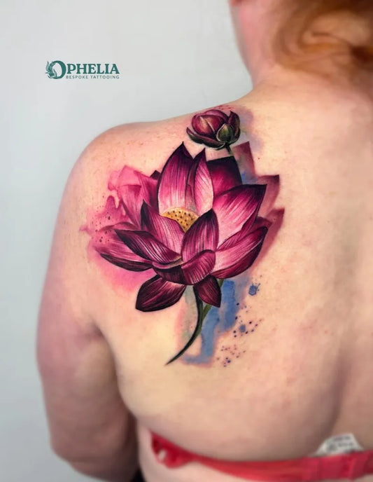 Big Watercolor Lotus Flower on Women Back Tattoo by @ophelia.bespoke.tattooing