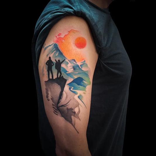 Big Watercolor Mountain Silhouettes Tattoo on Men Arm by @whipshade