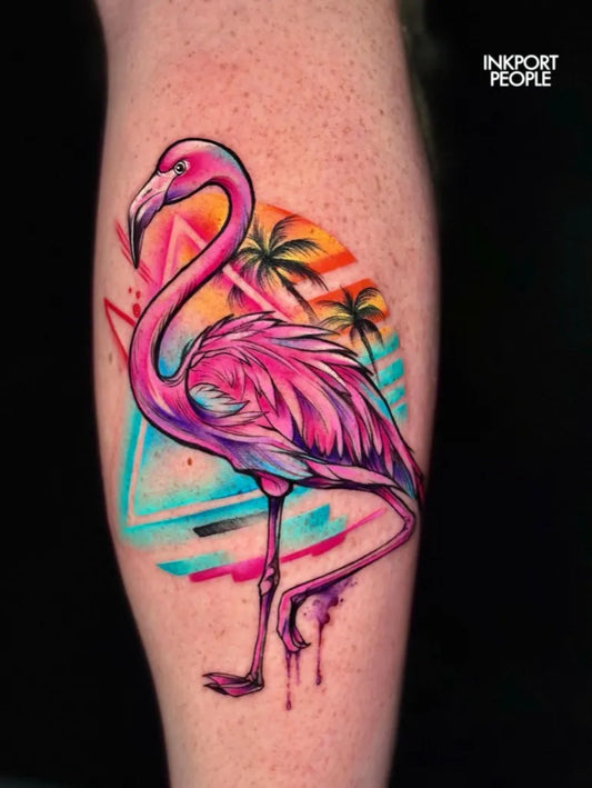 Big Watercolor Neo Traditional Flamingo and Palm Tree Tattoo on Women Leg by @inkportpeople