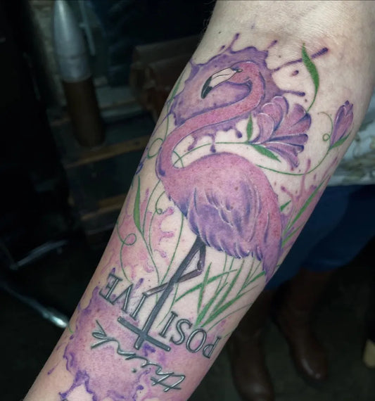 Big Watercolor New School Flamingo and Flowers Tattoo on Women Arm by @st.kuhne_tattoo_kartel