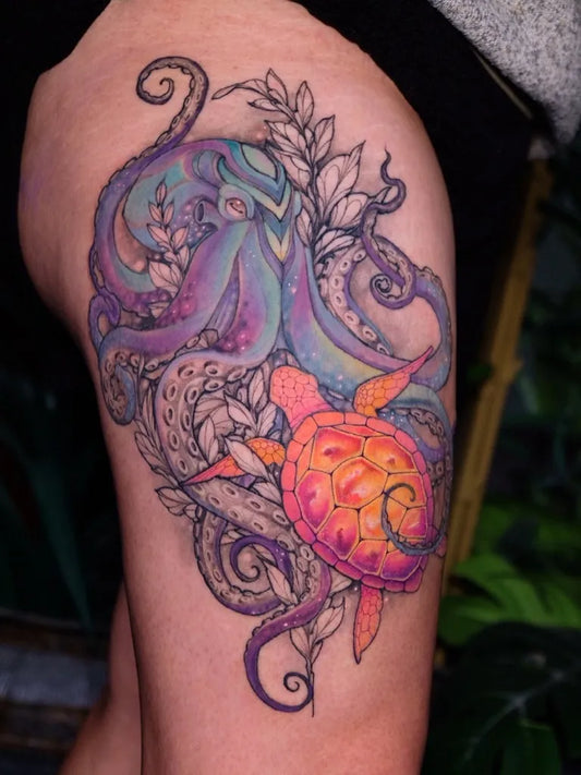 Big Watercolor Octopus and Sea Turtle Tattoo on Women Thigh by @lucassouzatattoo
