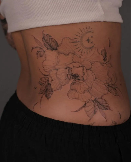 Big Watercolor Peony Sun Moon on Women Back Flower Tattoo by @miranoir_studio