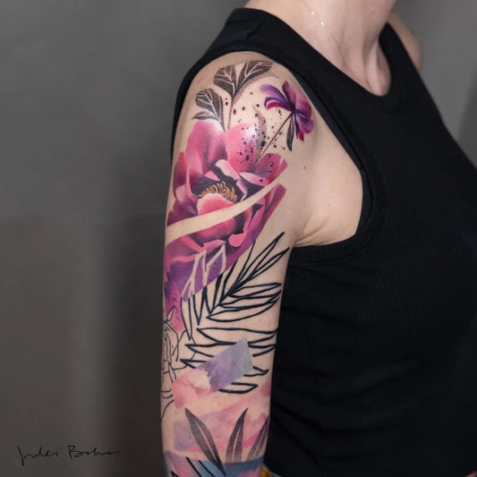 Big Watercolor Peony and Palm Leaves on Women Arm Tattoo by @julesboho.tattoo