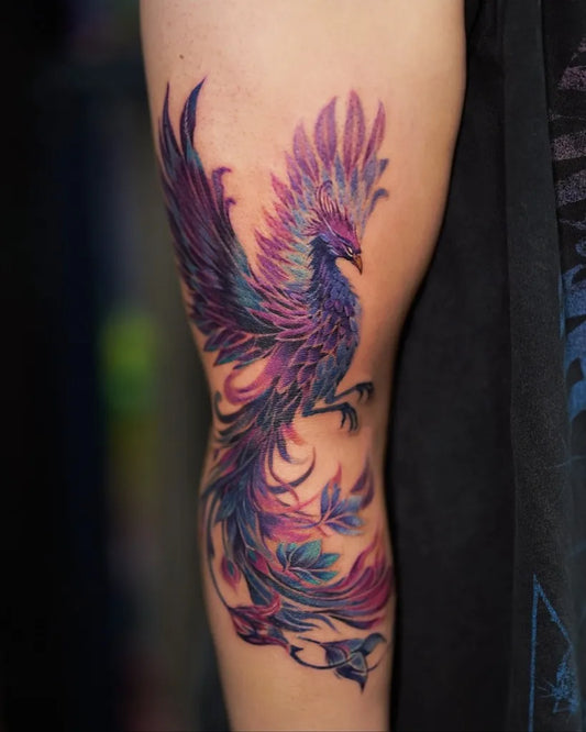 Big Watercolor Phoenix and Flames on Women Arm Tattoo by @lucine_modoink