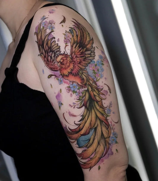 Big Watercolor Phoenix and Flowers on Women Shoulder Tattoo by @anomalitattoo
