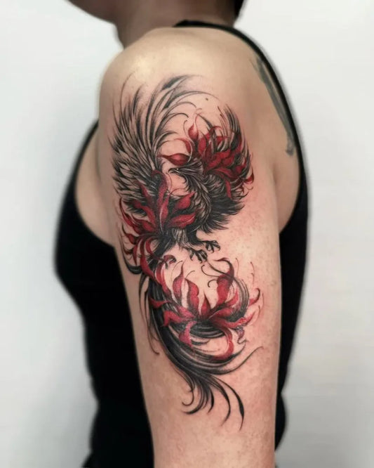Big Watercolor Phoenix and Lotus on Men Shoulder Tattoo by @baronarttattoo