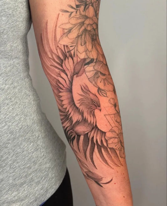 Big Watercolor Phoenix and Peonies on Women Arm Tattoo by @thenrytattoos