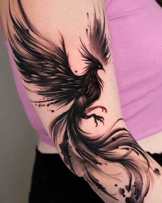 Big Watercolor Phoenix on Women Arm Tattoo by @tattooist_mate