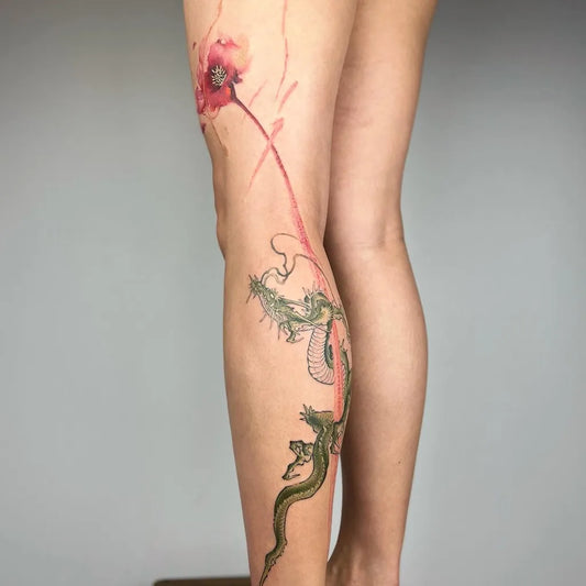 Big Watercolor Poppy and Dragon Tattoo on Women Thigh by @tattooartist_jing