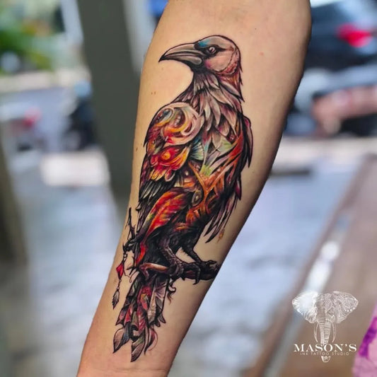 Big Watercolor Raven on Men Arm Tattoo by @masonsinkstudio_bali