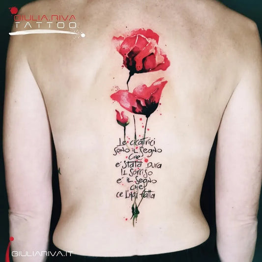 Big Watercolor Red Poppies and Italian Text on Women Back Tattoo by @danielestellatattooshop